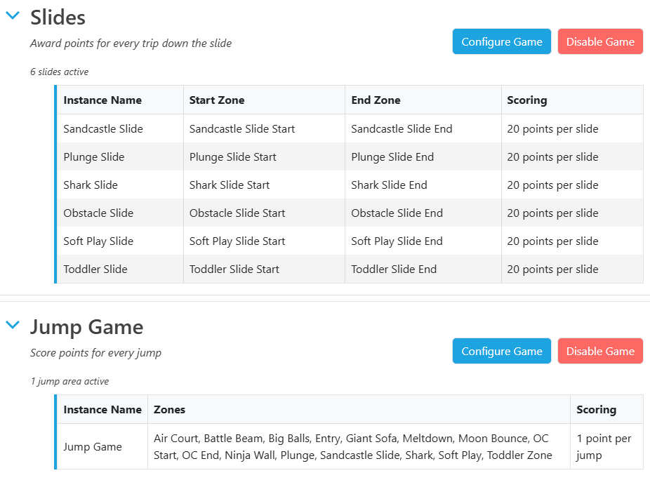 Gamification setup screen for slide and jump games on the Intelliplay platform